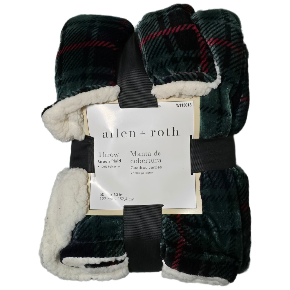 Allen Roth Green Plaid Throw Blanket 50 x 60‎ Sherpa Trim Cozy Warm (AA)